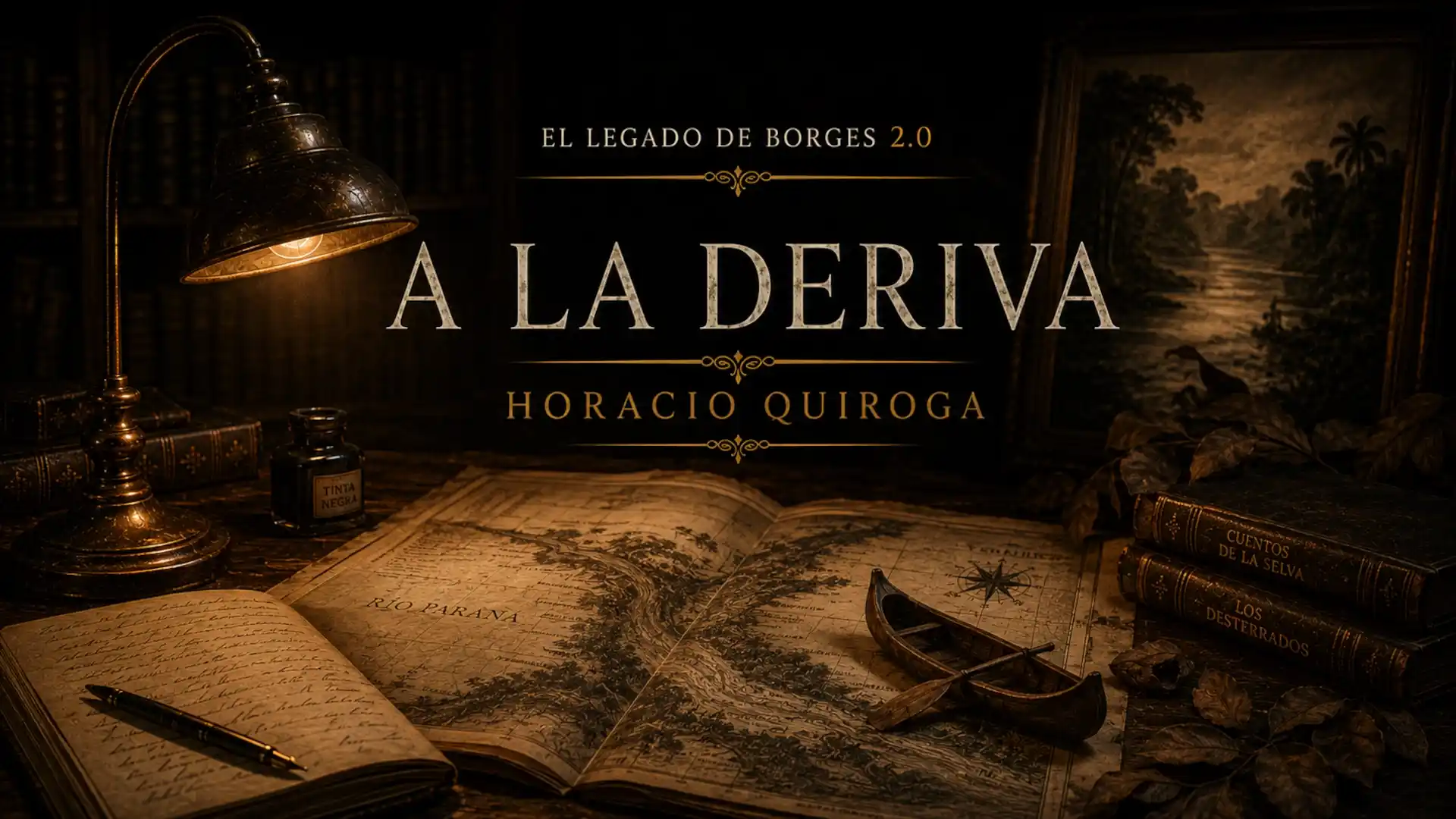 Portada del episodio A la deriva, de Horacio Quiroga, con una lámpara antigua, un mapa del río Paraná, una canoa y libros en una biblioteca oscura.