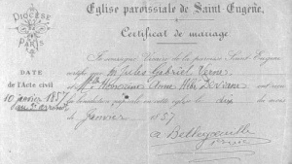 Acta de matrimonio de Julio Verne y Honorine de Viane, celebrado el 10 de enero de 1857.