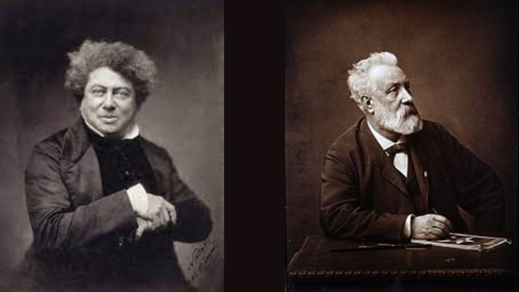 A la izquierda de la imagen Alexandre Dumas padre y a la derecha Julio Verne.