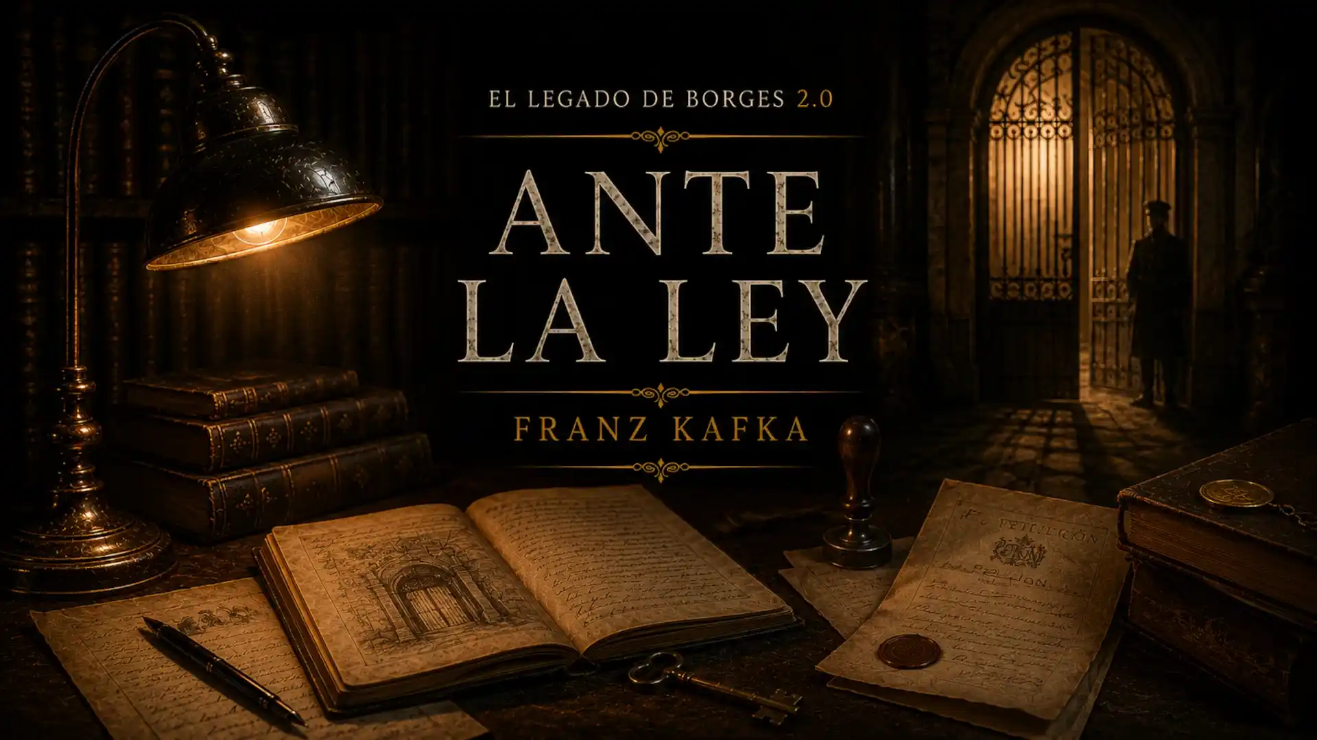Portada del episodio Ante la ley, de Franz Kafka, con una lámpara antigua, libros, manuscritos, una llave y una puerta custodiada al fondo.