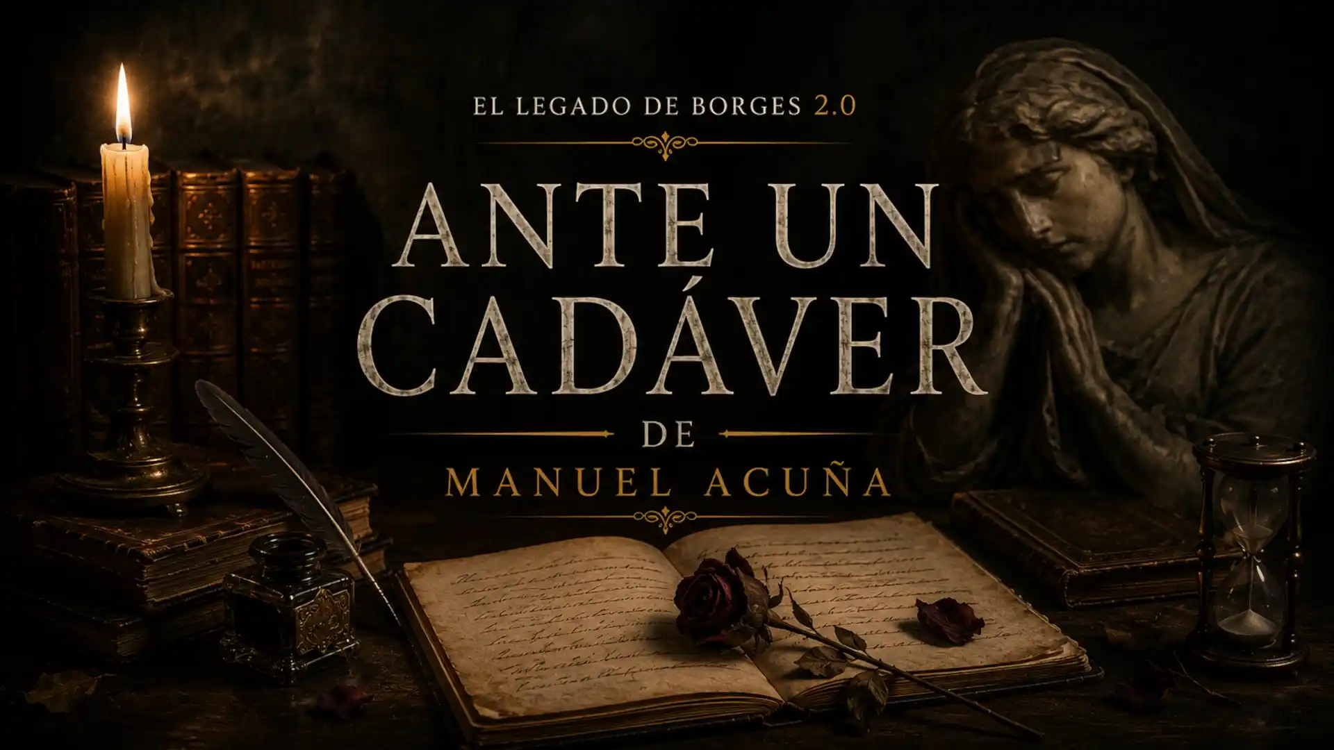 Portada del episodio Ante un cadáver, de Manuel Acuña, con una vela, libros antiguos, una rosa marchita y una escultura funeraria.