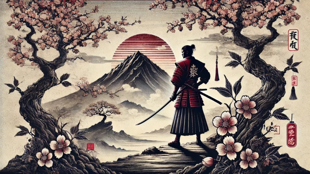 Samurái con katana en un paisaje japonés con flores de cerezo y montaña en la distancia, evocando estrategia y sabiduría del audiolibro El libro de los cinco anillos.