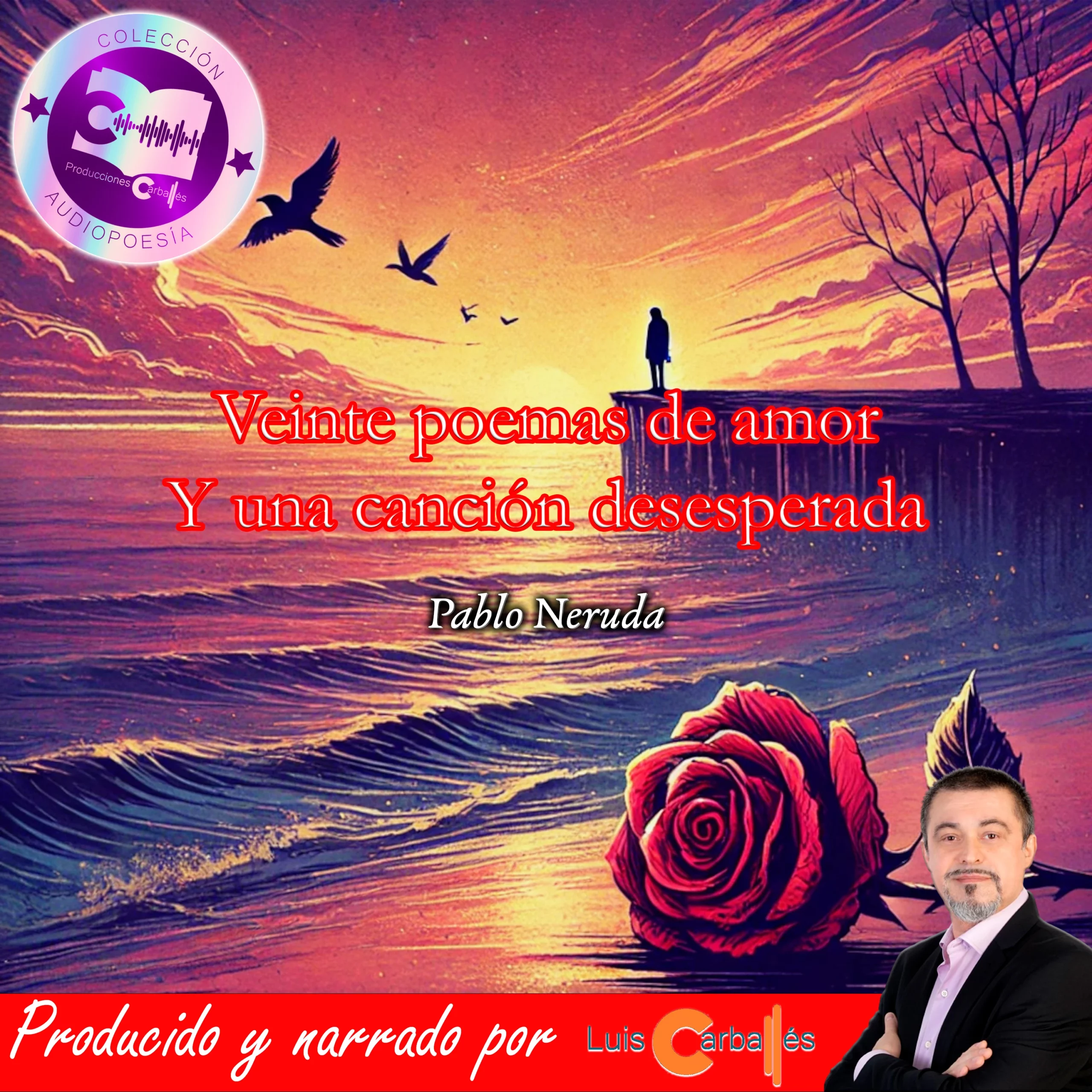 Portada del audiopoemario 'Veinte poemas de amor y una canción desesperada', con un atardecer y una rosa en la playa evocando nostalgia y melancolía.