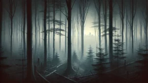 Bosque misterioso con una ciudad al fondo, inspirado en "El libro de Vladimir Kuprin" de Simón Hergueta.