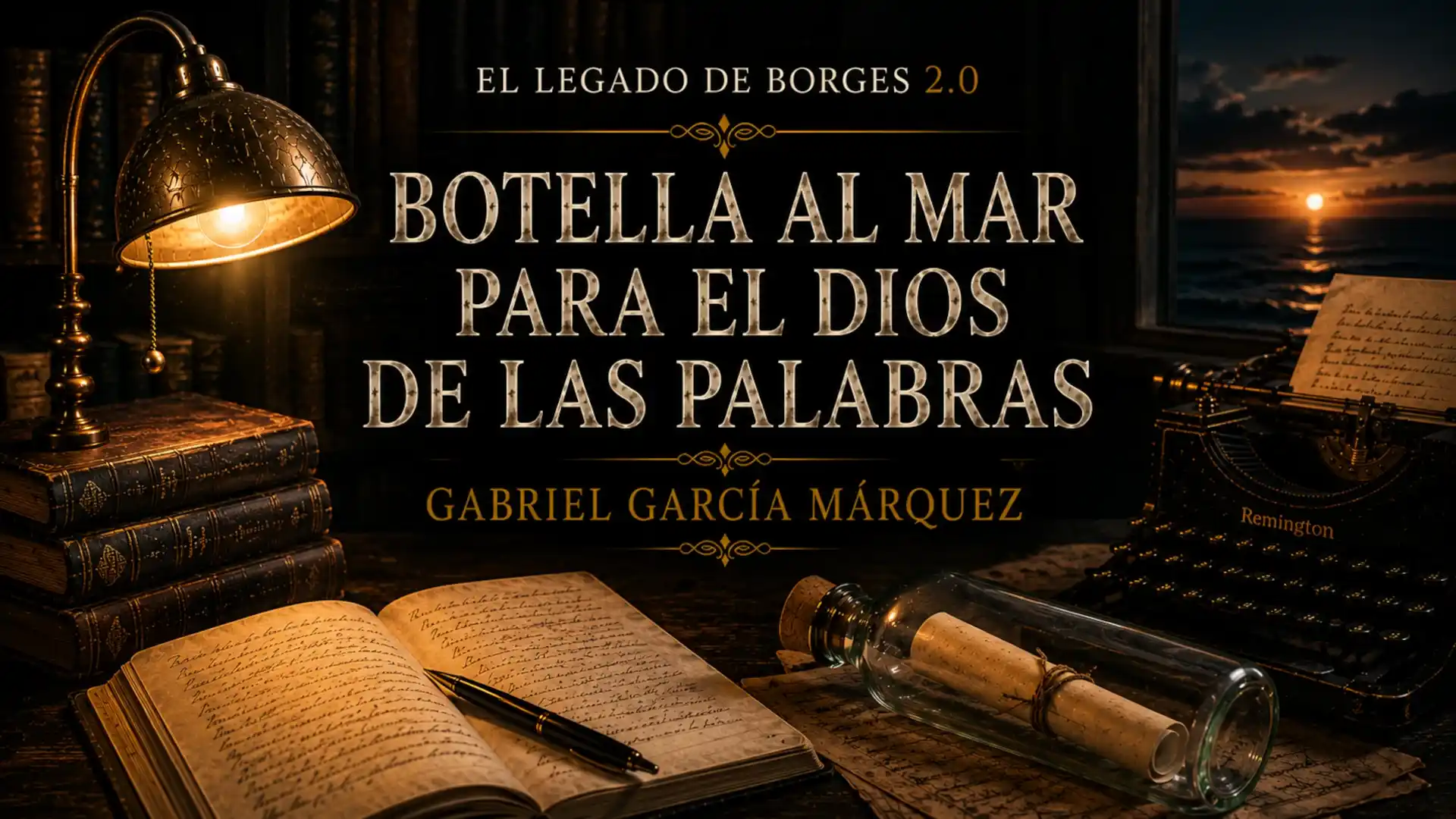Portada del episodio Botella al mar para el Dios de las palabras, de Gabriel García Márquez, con una lámpara antigua, libros, una máquina de escribir y una botella con un mensaje junto al mar.