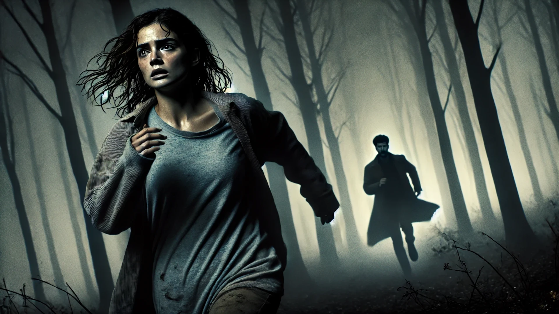 Lucía corre desesperada por un bosque oscuro mientras un hombre la persigue, reflejando miedo y tensión del capítulo 13 de Lágrimas Negras.
