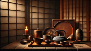 Escena de inspiración japonesa con utensilios lacados, cuencos y una vela en un ambiente tradicional, destacando la estética de sombras y penumbra.