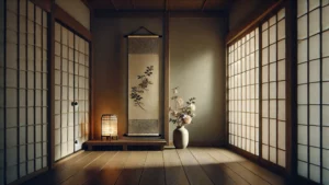 Interior de una habitación japonesa tradicional con un toko no ma, un pergamino decorativo y un arreglo floral, iluminada por luz tenue a través de shoji.