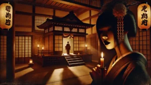 Escena inspirada en el capítulo 4 de El elogio de la sombra de Jun’ichirō Tanizaki, mostrando un teatro japonés con sombras predominantes y una figura femenina iluminada tenuemente.