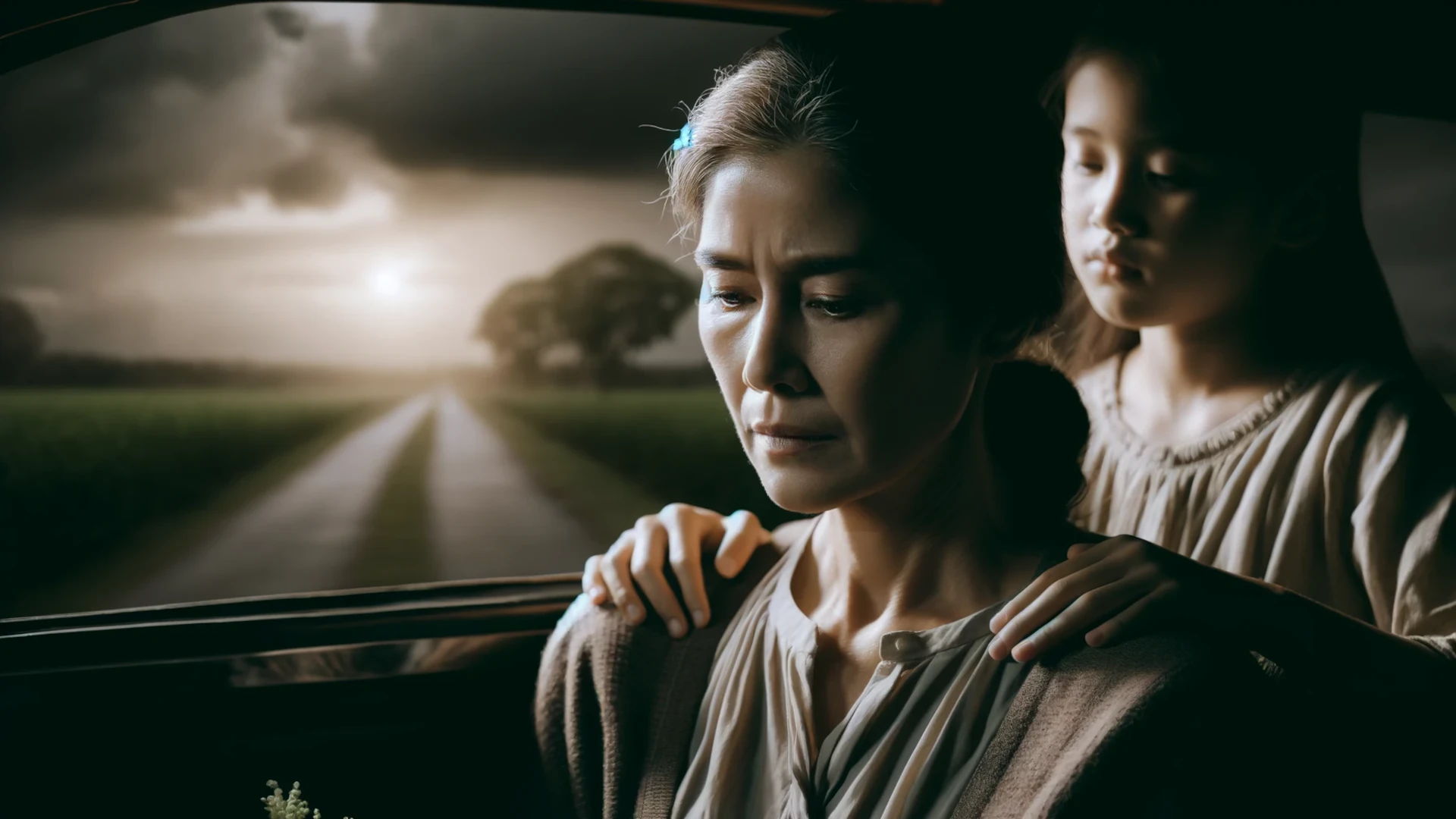 Una mujer sentada en el asiento del copiloto, con una expresión de tristeza, mientras una niña detrás de ella pone una mano en su hombro para consolarla. El fondo muestra una carretera solitaria y un cielo nublado, transmitiendo una atmósfera melancólica.