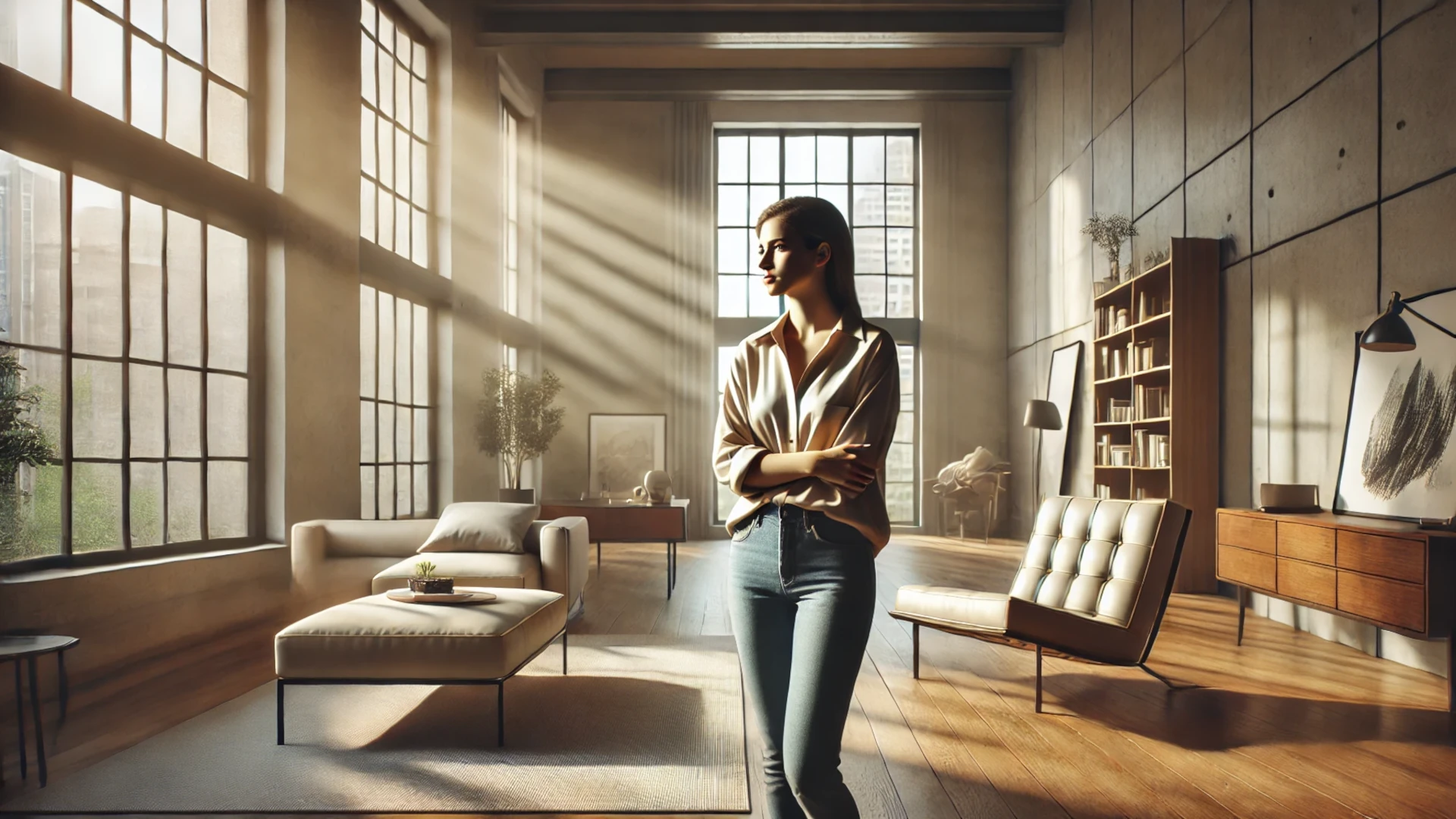 Una mujer reflexiva en un moderno loft con grandes ventanales, iluminada por la luz del sol, simbolizando un momento de introspección y cambio en el capítulo 7 de Lágrimas Negras.