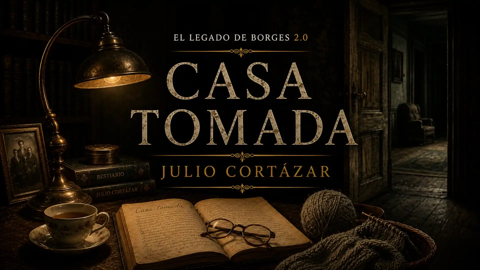 Portada del episodio Casa tomada, de Julio Cortázar, con una lámpara antigua, libros, una puerta abierta, un pasillo oscuro, tejido y una mesa de lectura.