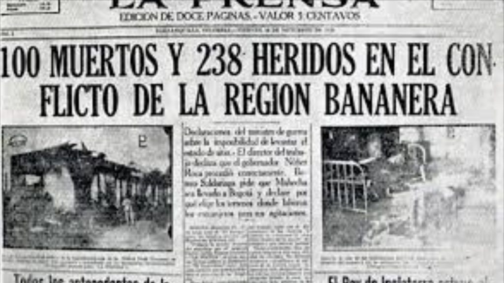Noticia a ocho columnas de la masacre tras la huelga de los trabajadores de la United Fruit Company en la primera plana de “La Prensa” de Barranquilla, Colombia.