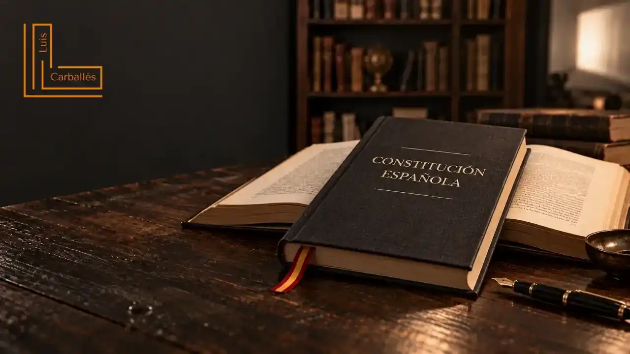 Libro de la Constitución Española sobre una mesa de madera, con el logotipo de Luis Carballés.