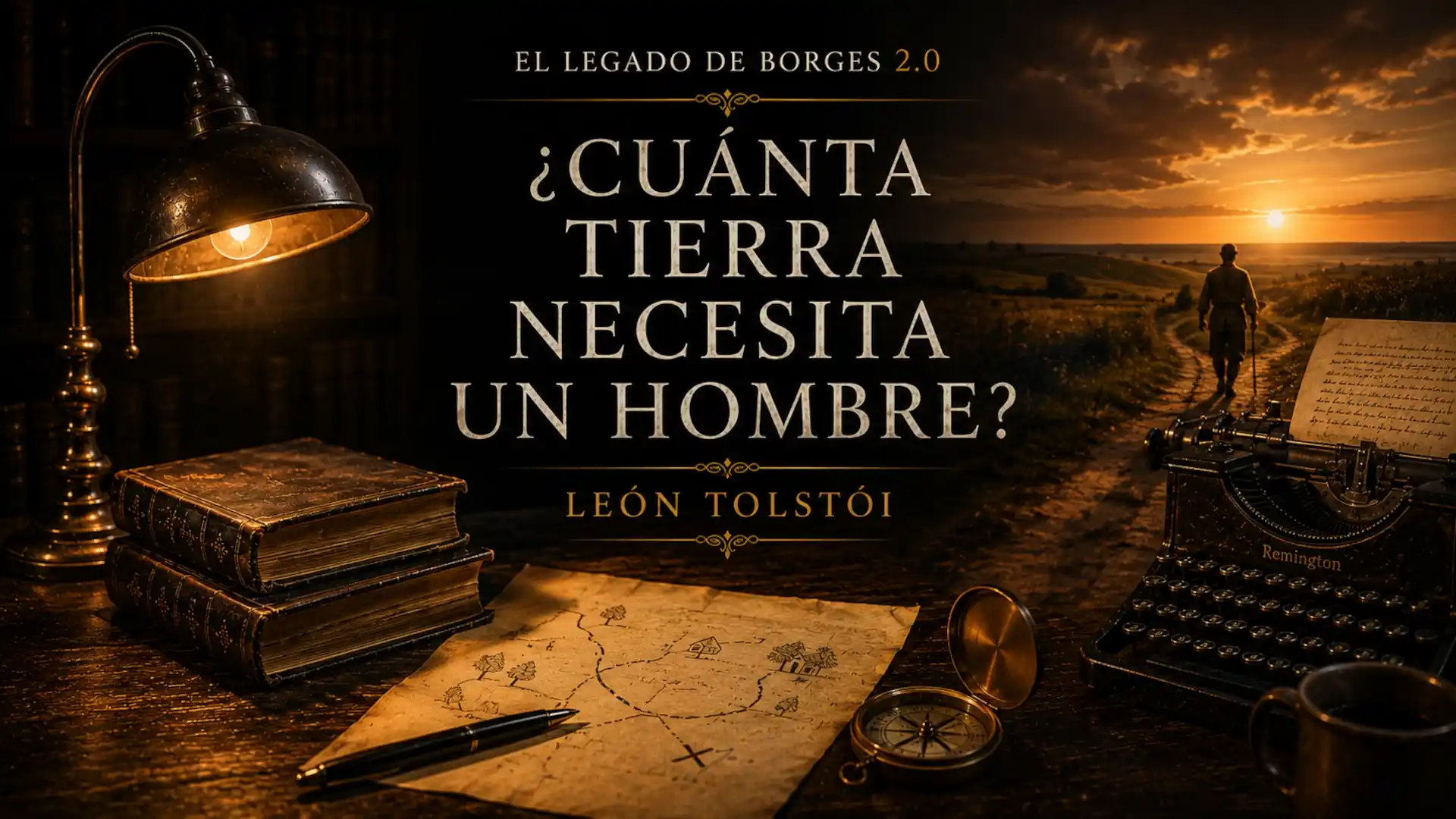 Portada del episodio ¿Cuánta tierra necesita un hombre?, de León Tolstói, con una lámpara antigua, libros, un mapa de tierras y un campesino caminando al atardecer.