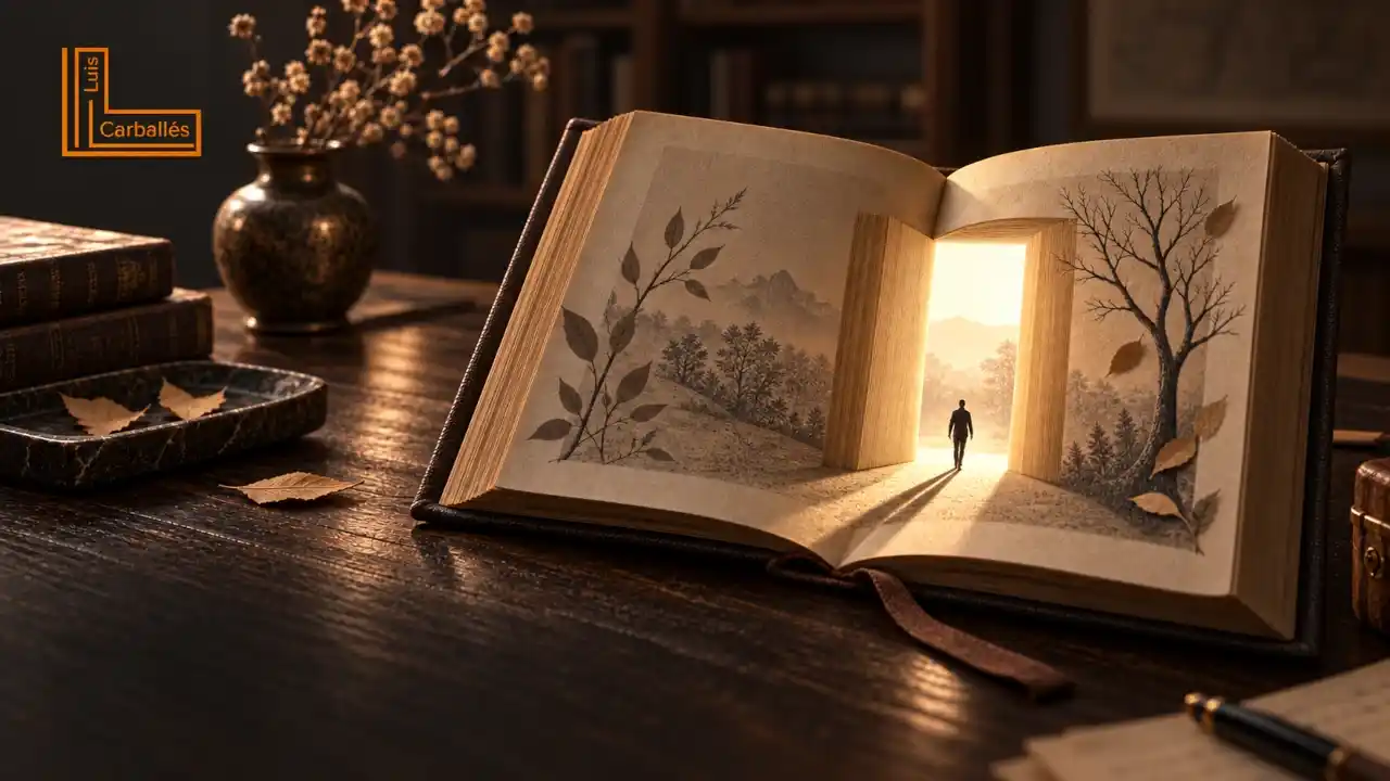 Libro abierto con una puerta iluminada, ilustración del audiolibro Cuentos urgentes para un tiempo lento.