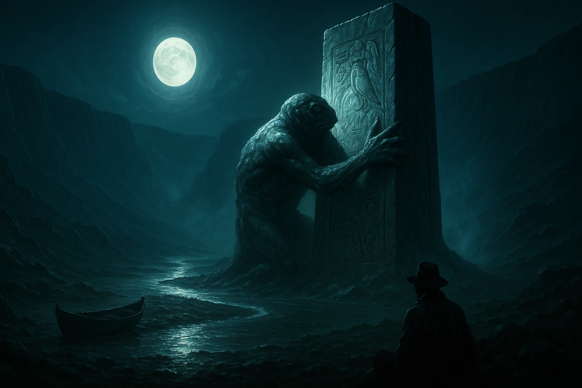 Dagon de H. P. Lovecraft: deidad anfibia abraza un monolito bajo la luna