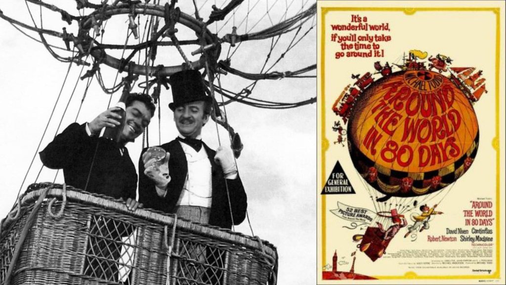 David Niven y Cantinflas en una escena de la película “La vuelta al mundo en 80 días” del año 1956 y a la derecha de la imagen el cartel diseñado por el extraordinario Saul Bass (Enlace a la película en Prime Video).