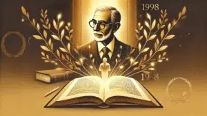 Ilustración simbólica de un libro abierto irradiando luz dorada, representando el discurso de José Saramago al recibir el Premio Nobel de Literatura en 1998.