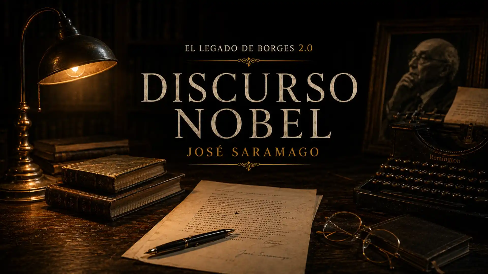 Portada del episodio Discurso Nobel de José Saramago, con una lámpara antigua, una máquina de escribir, manuscritos y libros en una biblioteca oscura.