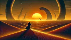 Una ilustración del desierto de Arrakis con un cielo anaranjado, grandes dunas y un personaje encapuchado que sostiene un bastón, inspirado en Dune de Frank Herbert.