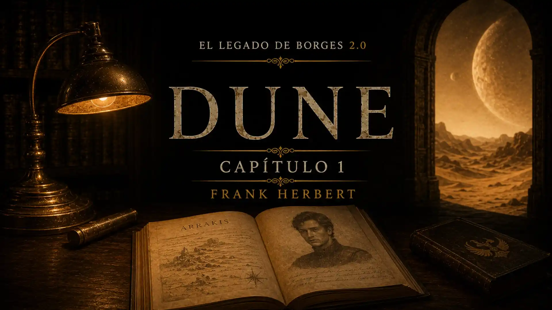 Portada del episodio Dune, de Frank Herbert · Capítulo 1, con una lámpara antigua, un libro abierto sobre Arrakis, un paisaje desértico y una atmósfera literaria oscura.
