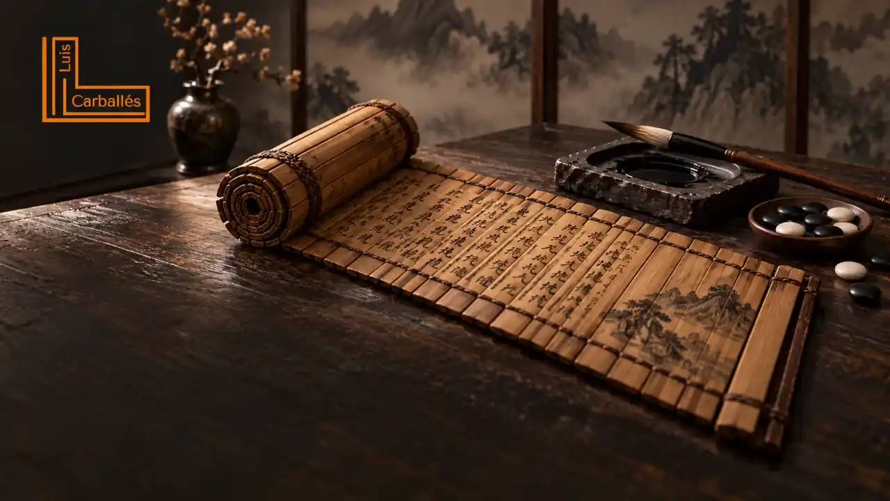Manuscrito de bambú con caligrafía china, ilustración de El arte de la guerra narrado por Luis Carballés.