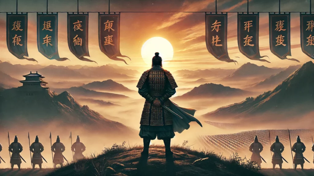 Imagen hero del audiolibro 'El arte de la guerra' de Sun Tzu. Un general chino con armadura observa un campo de batalla al amanecer, con montañas y estandartes en el fondo.