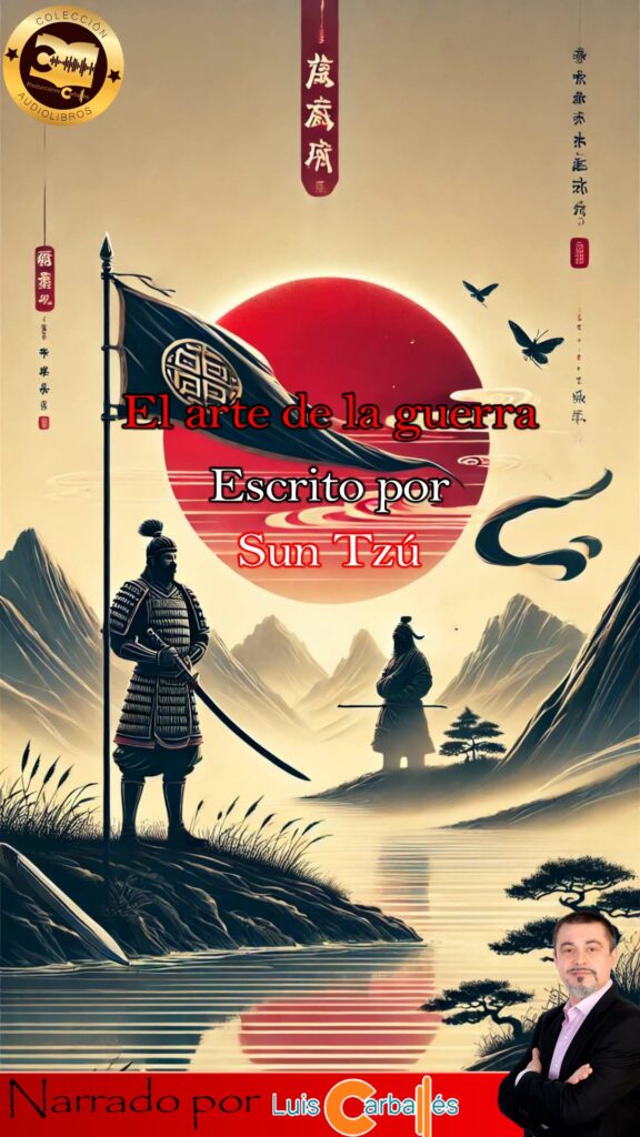 Portada vertical del audiolibro 'El arte de la guerra' de Sun Tzu, con un general chino en armadura tradicional, un paisaje de montañas y un amanecer épico.