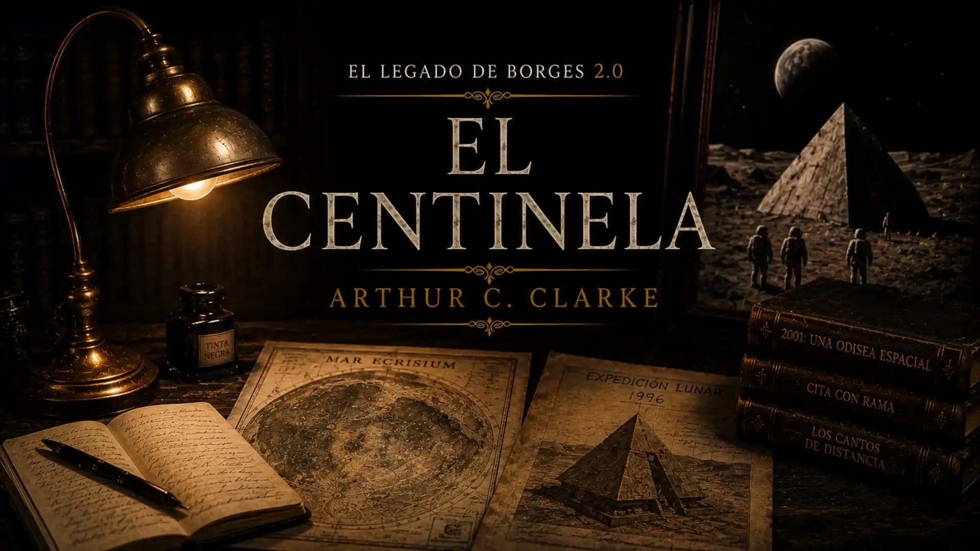 Portada del episodio El centinela, de Arthur C. Clarke, con una lámpara antigua, mapas lunares, una pirámide en la Luna y libros de ciencia ficción.
