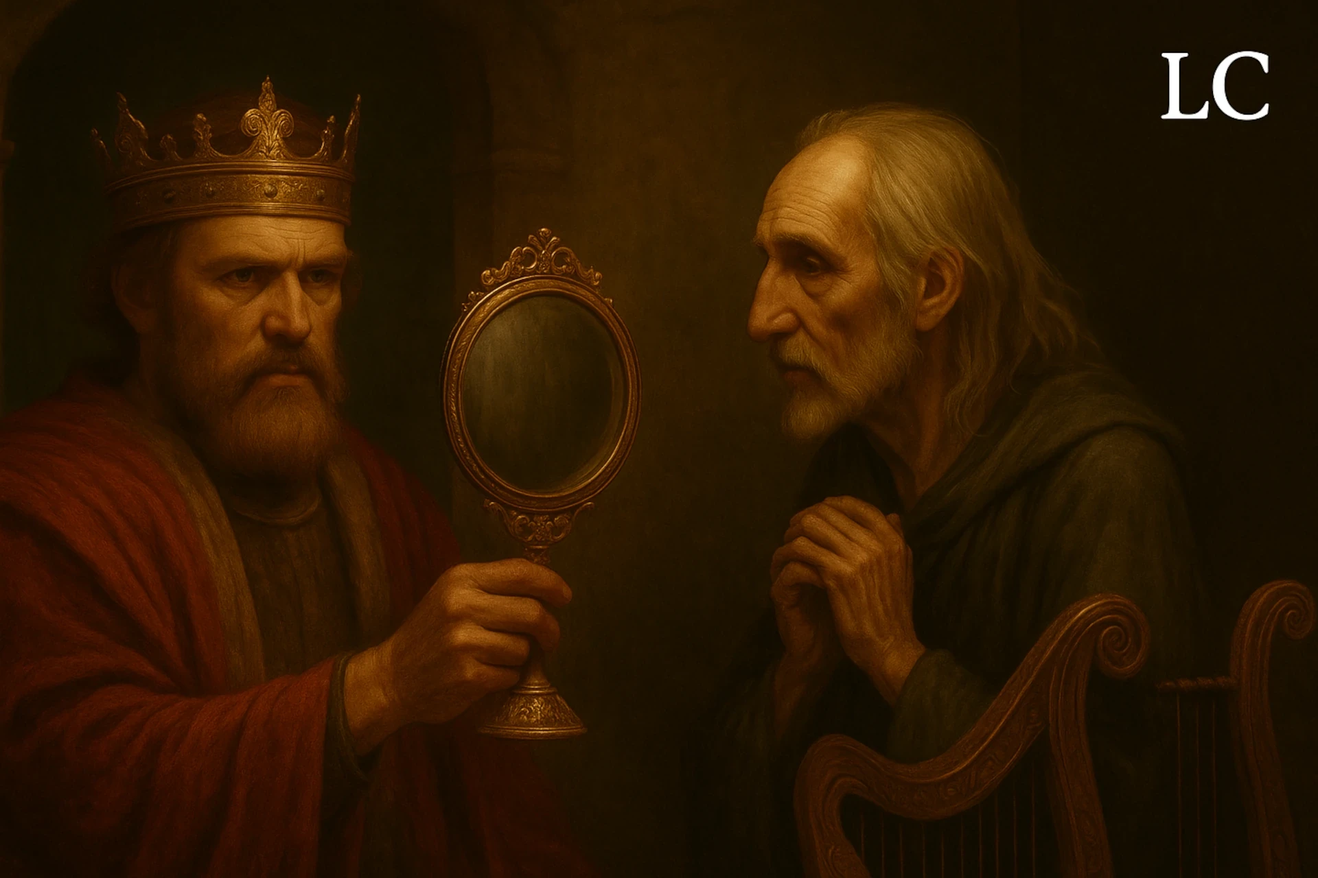 El espejo y la máscara: rey irlandés ofrece un espejo a un poeta; arte del episodio del podcast