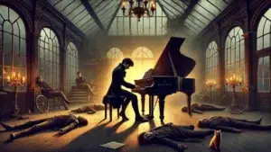 Ilustración del relato 'El examen' de Esmeralda Egea, mostrando un joven vestido de negro tocando el piano en un conservatorio oscuro, con un ambiente sombrío y un gato naranja al fondo.