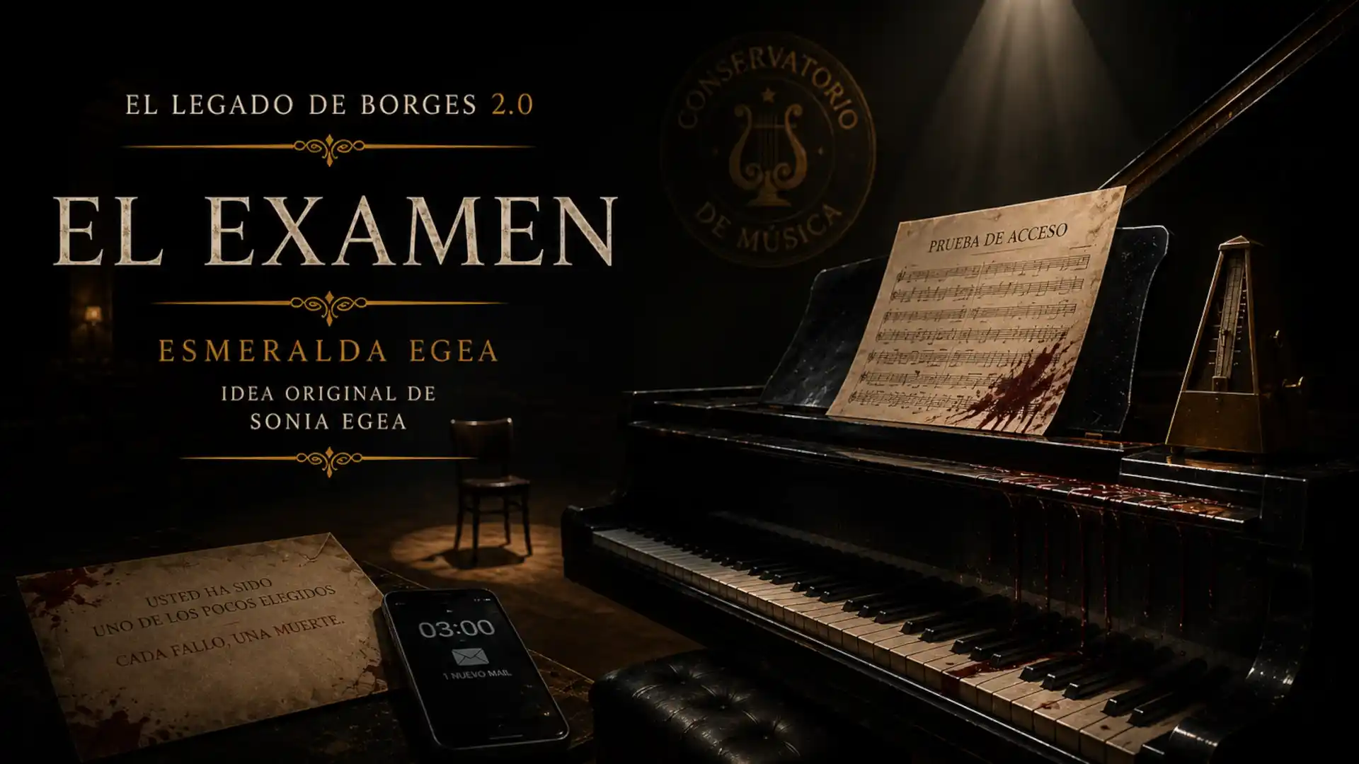 Portada del episodio El examen, de Esmeralda Egea, con un piano oscuro, una partitura de prueba de acceso y una atmósfera de tensión en un conservatorio.