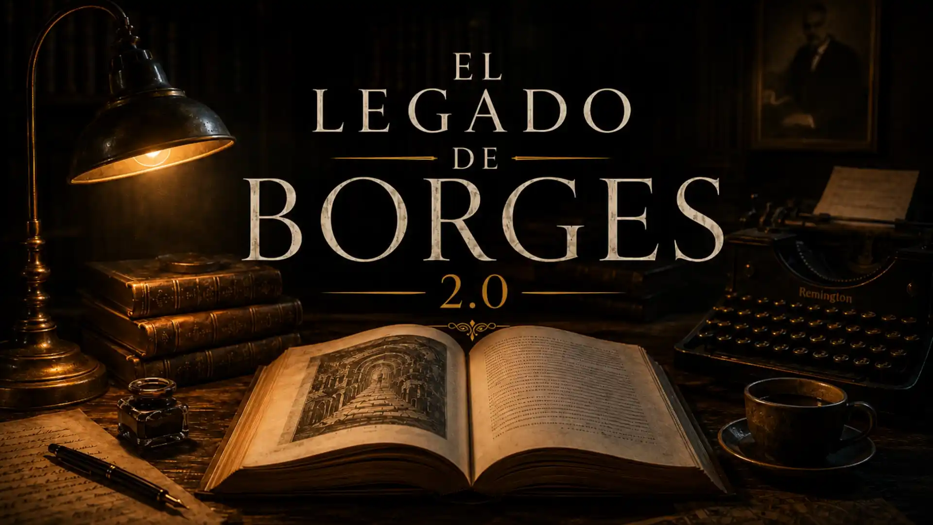 Imagen de la serie El Legado de Borges 2.0, con un libro abierto, una lámpara antigua y una biblioteca oscura de fondo.