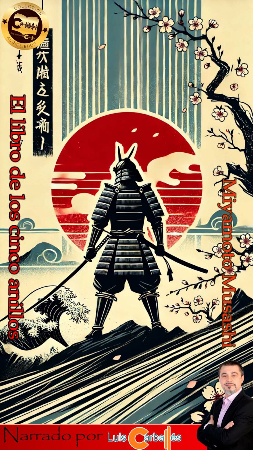 Portada del audiolibro 'El libro de los cinco anillos' de Miyamoto Musashi, narrado por Luis Carballés. Diseño con un samurái, olas y flores de cerezo.