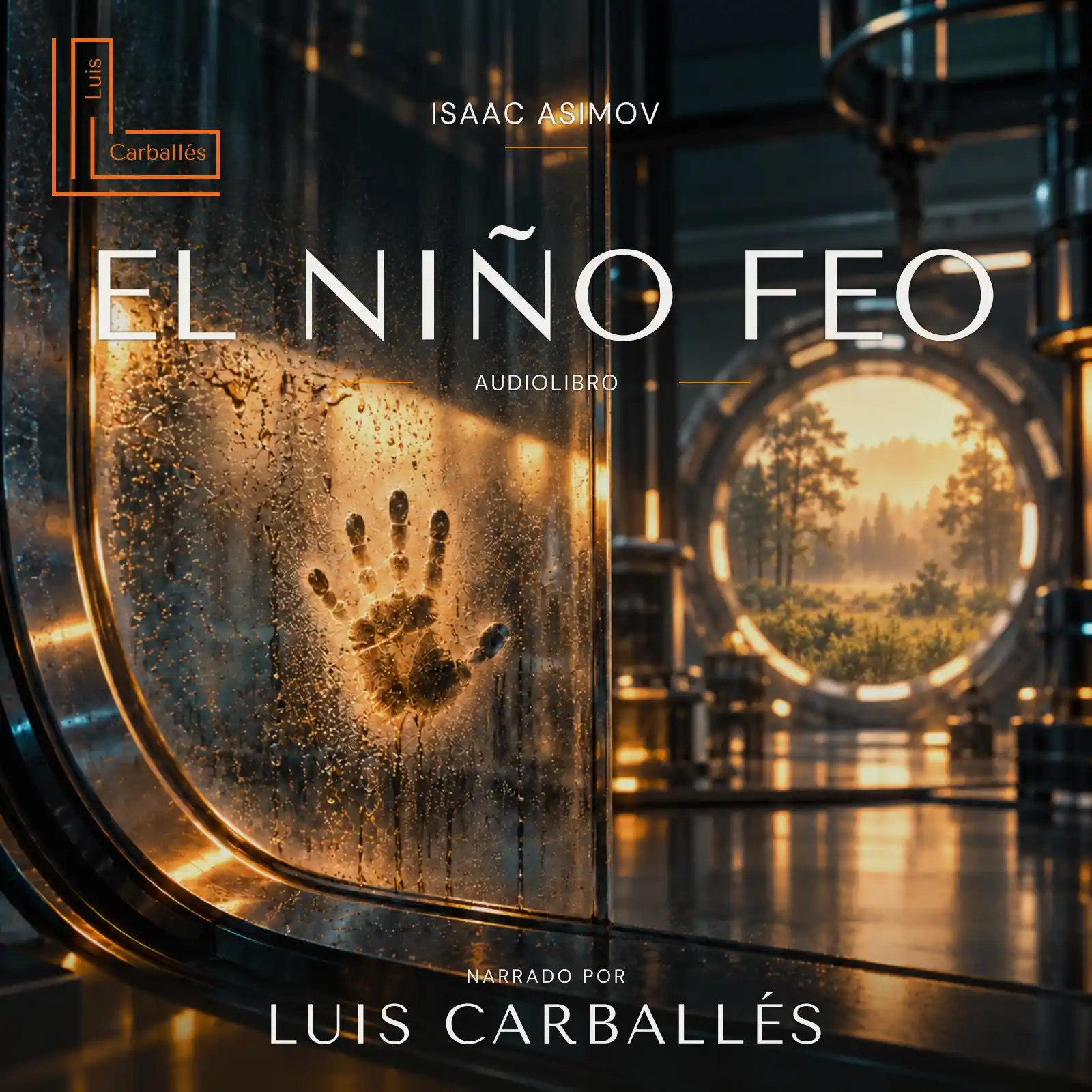 Portada de El niño feo, de Isaac Asimov, con la huella de una mano sobre un cristal.
