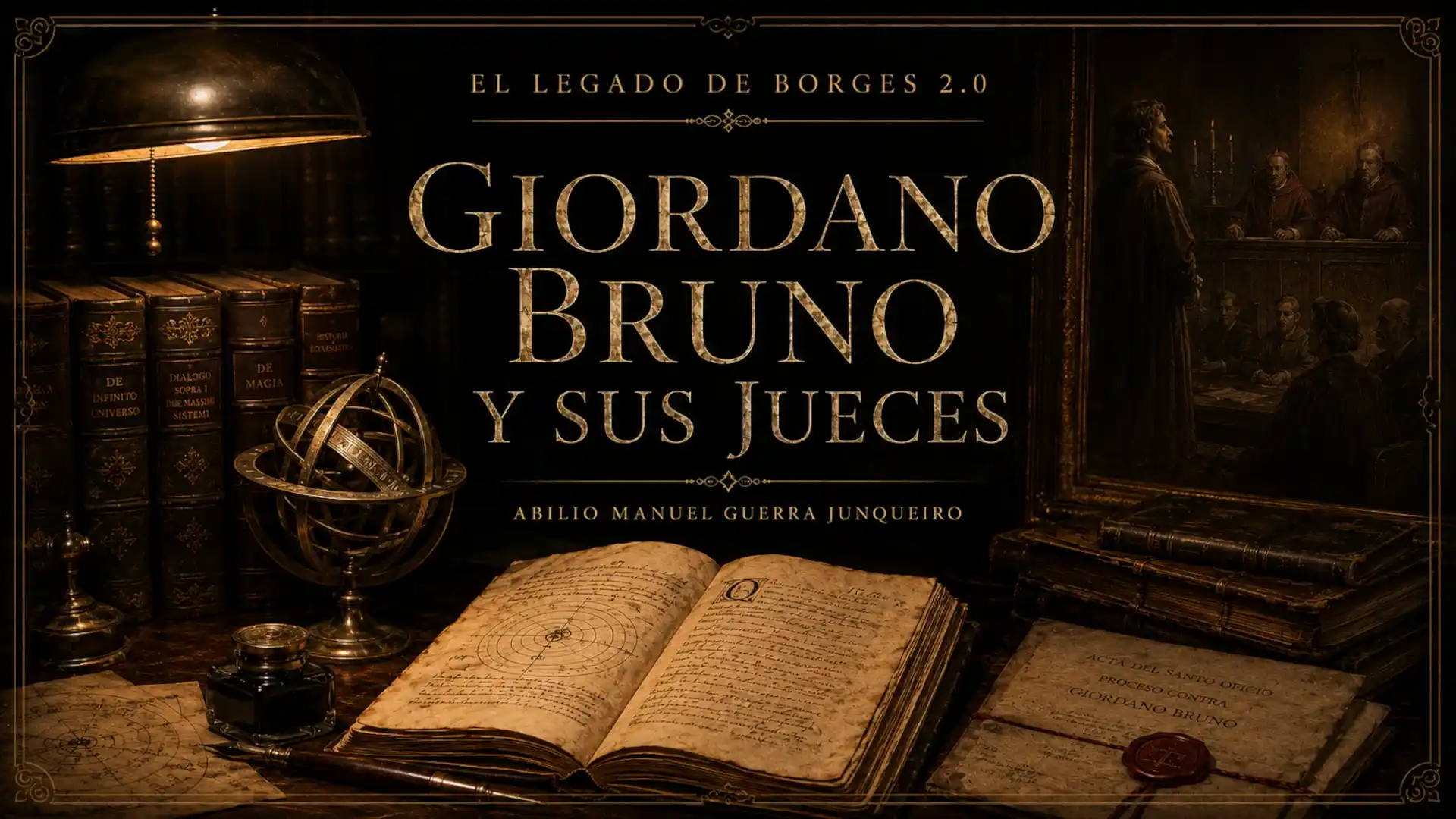 Portada del episodio Giordano Bruno y sus jueces, de Abilio Manuel Guerra Junqueiro, con una lámpara antigua, libros, esfera armilar, manuscritos y una escena de juicio.