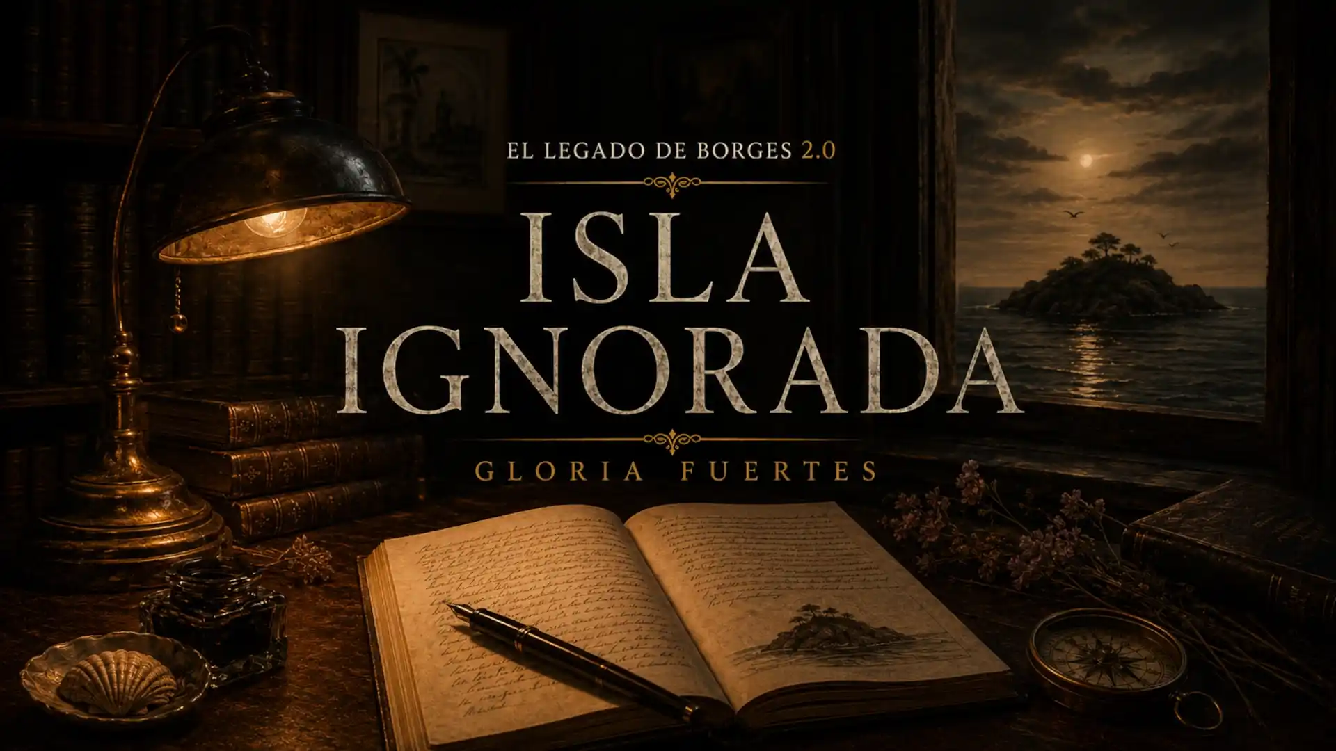 Portada del episodio Isla ignorada, de Gloria Fuertes, con una lámpara antigua, un libro abierto, una isla solitaria, el mar nocturno y una atmósfera literaria oscura.