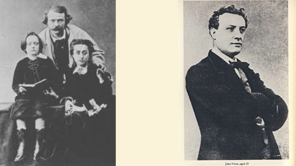 A la izquierda de la imagen Julio Verne con sus padres Pierre Gabriel Verne y Sophie Allotte de La Fuye y a la derecha Julio Verne a los 25 años de edad.