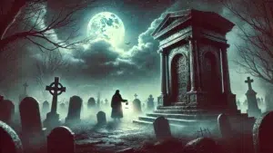 Cementerio oscuro bajo la luz de la luna, con un hombre sosteniendo un farol junto a una tumba abierta, inspirado en el relato "La Declaración de Randolph Carter" de H.P. Lovecraft.