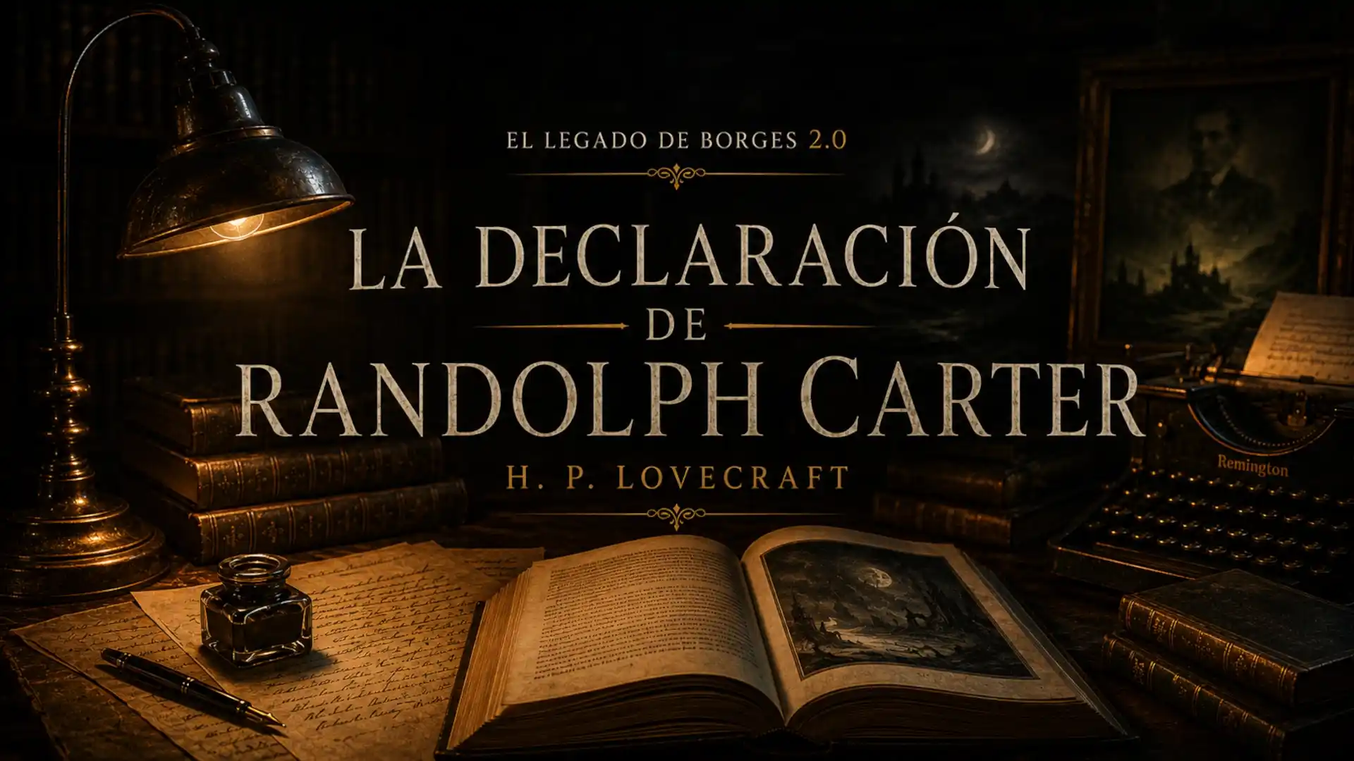 Portada del episodio La declaración de Randolph Carter, de H. P. Lovecraft, con un libro abierto, una lámpara antigua y una atmósfera oscura.