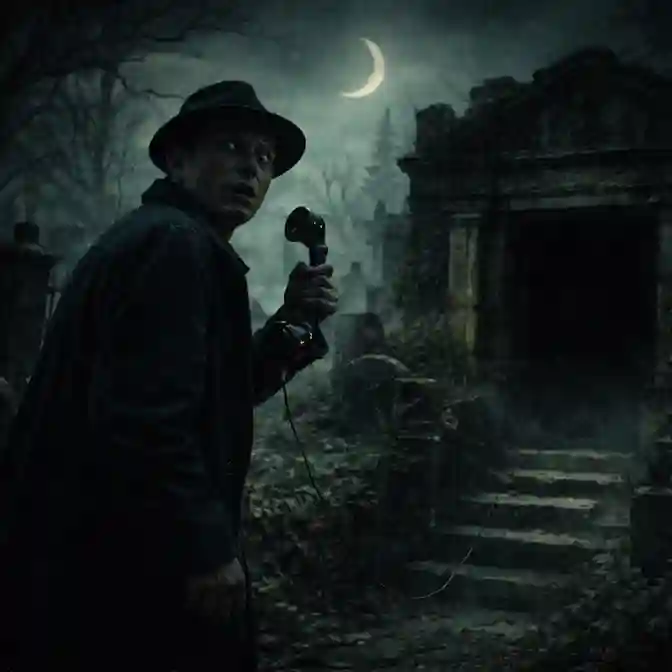 Randolph Carter aterrado en un cementerio nocturno, sosteniendo un teléfono antiguo con un cable que desciende a una tumba — La declaración de Randolph Carter