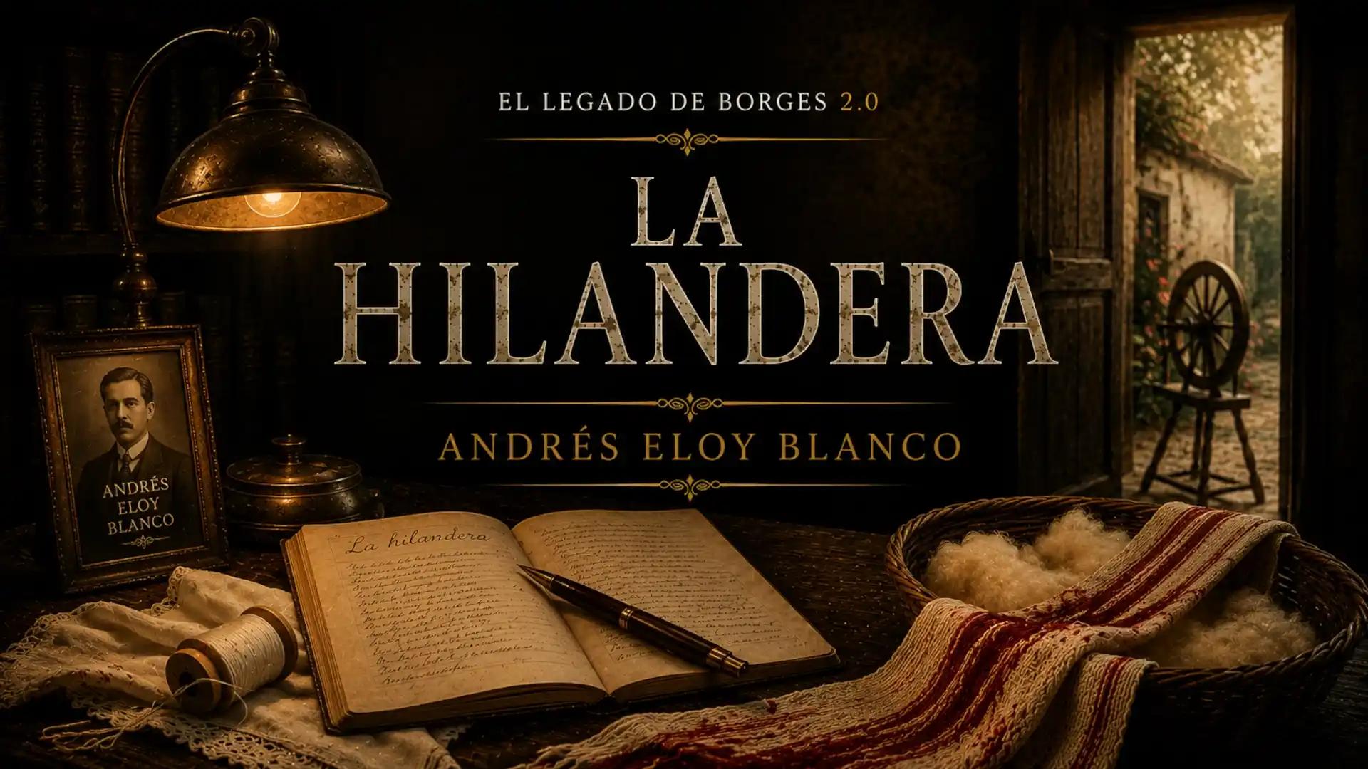 Portada del episodio La hilandera, de Andrés Eloy Blanco, con una lámpara antigua, un libro abierto, lino, una venda roja y blanca, una rueca y una atmósfera literaria oscura.