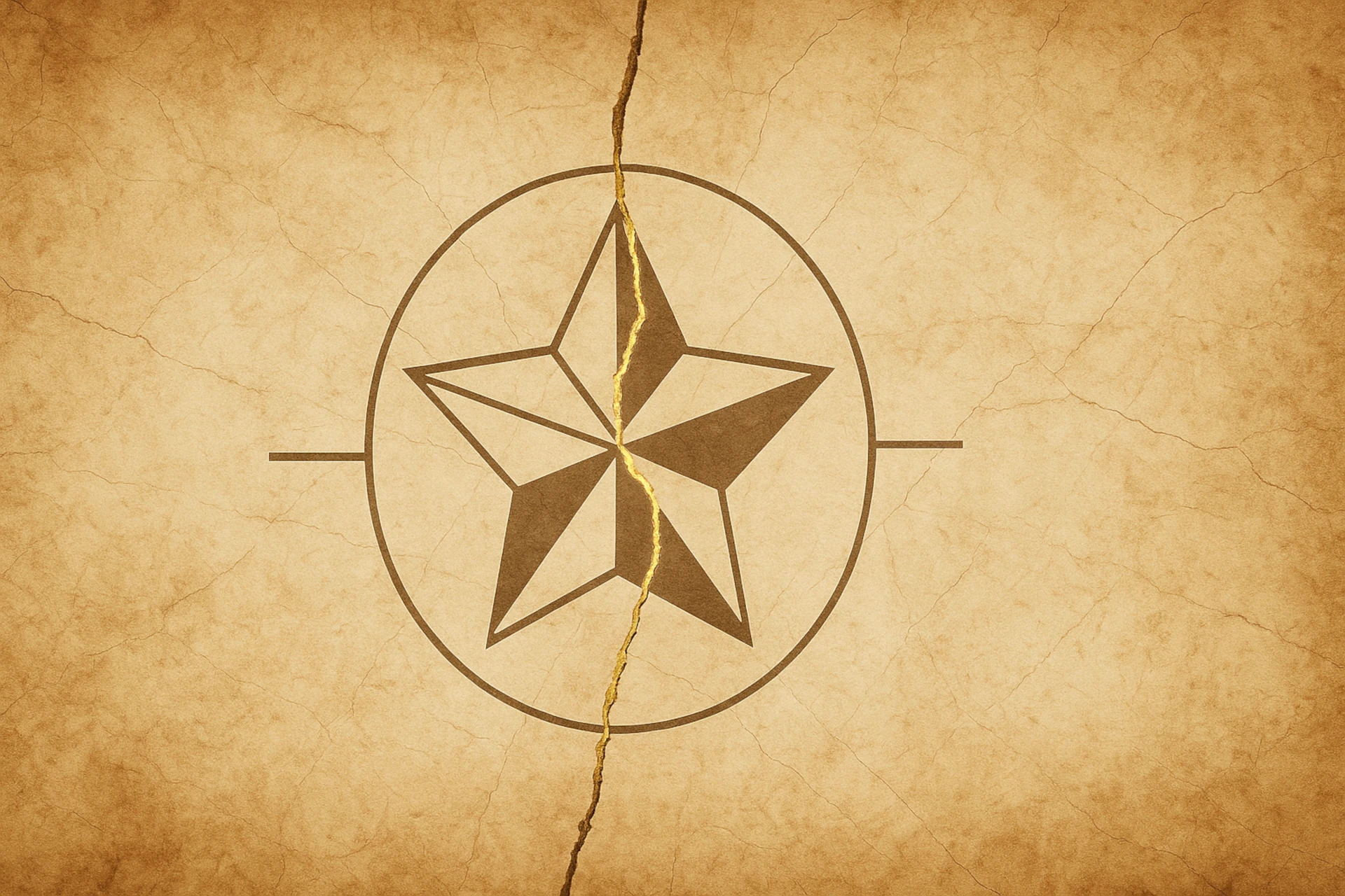 La Insignia de León Felipe: estrella/insignia unida por kintsugi sobre papel antiguo, símbolo de justicia y unidad.