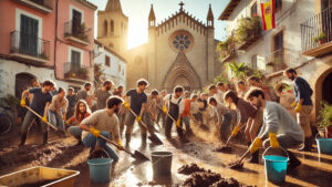 óvenes voluntarios y vecinos trabajando juntos en una plaza inundada, limpiando barro y reconstruyendo tras la riada en un pueblo mediterráneo.