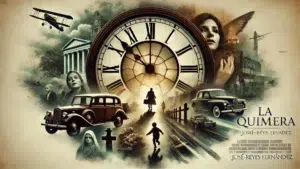 Reloj vintage rodeado de escenas abstractas como un niño jugando y un funeral, evocando misterio y nostalgia en "La Quimera" de José-Reyes Fernández.