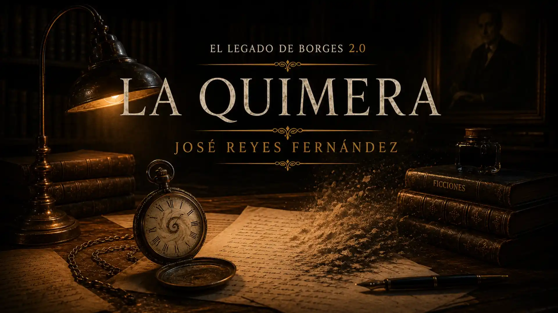Portada del episodio La Quimera, de José Reyes Fernández, con una lámpara antigua, un reloj, manuscritos y libros en una biblioteca oscura.