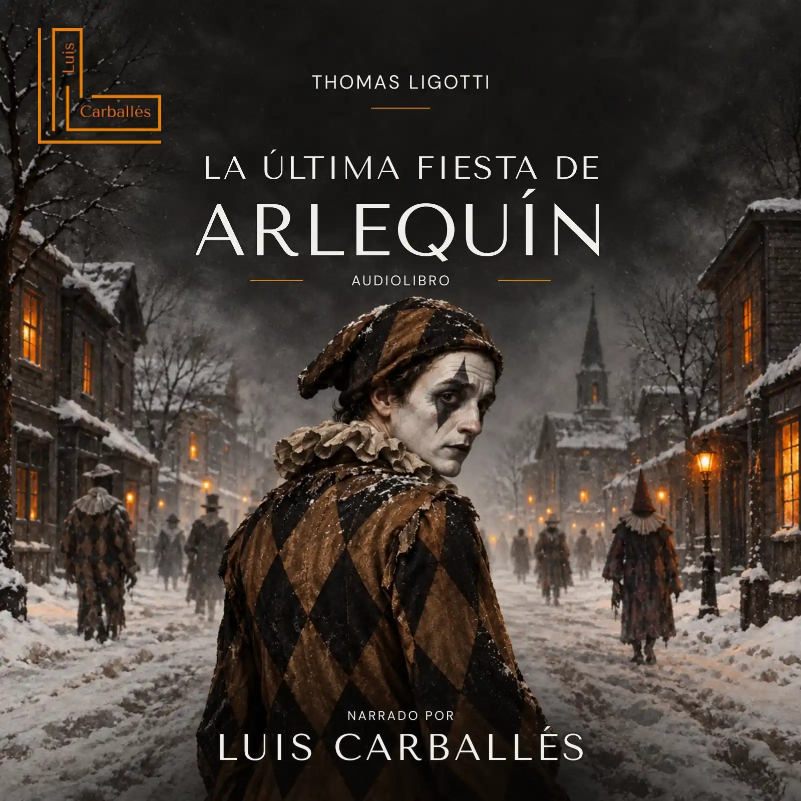 Portada del audiolibro La última fiesta de Arlequín, de Thomas Ligotti: un arlequín en un pueblo nevado.
