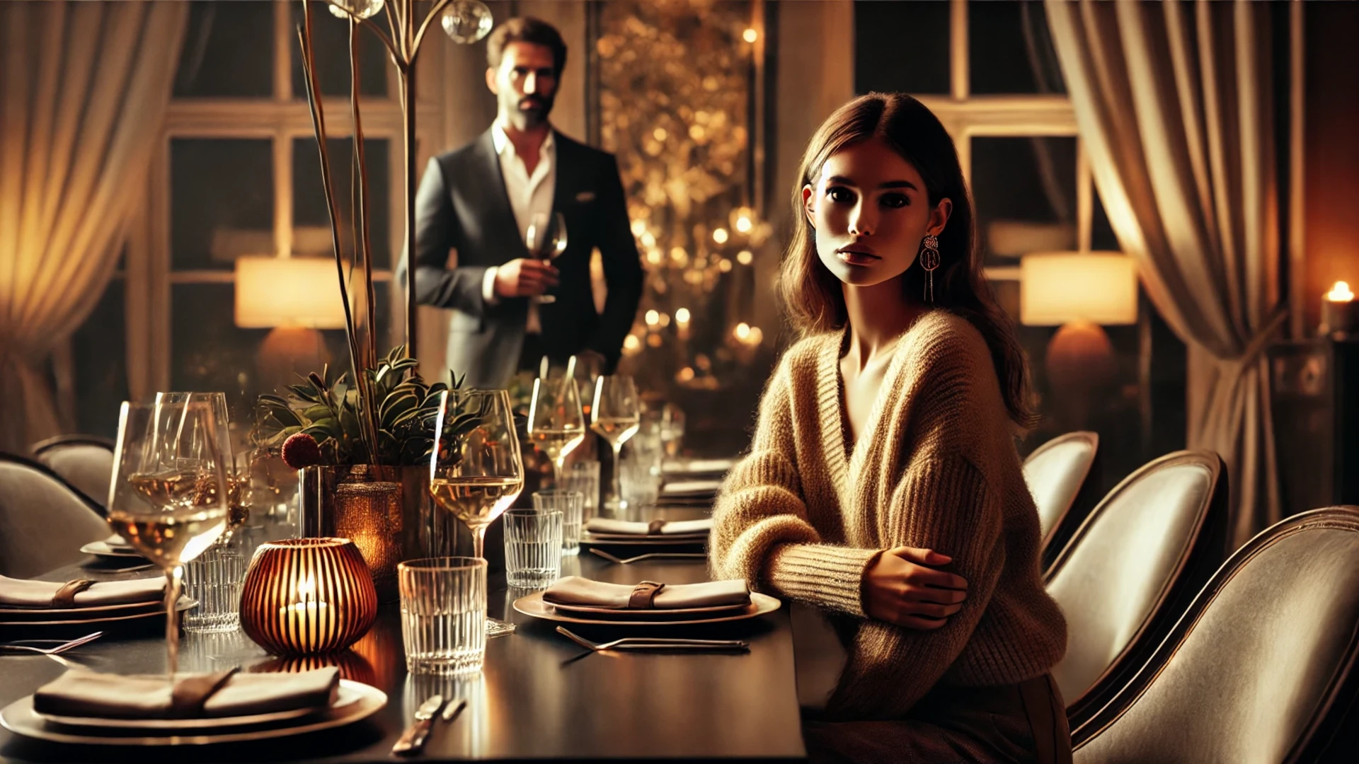 Mujer morena con expresión de incomodidad durante una cena elegante, mientras observa a un hombre en el fondo. Escena del capítulo 4 de Lágrimas Negras, destacando secretos y tensiones.