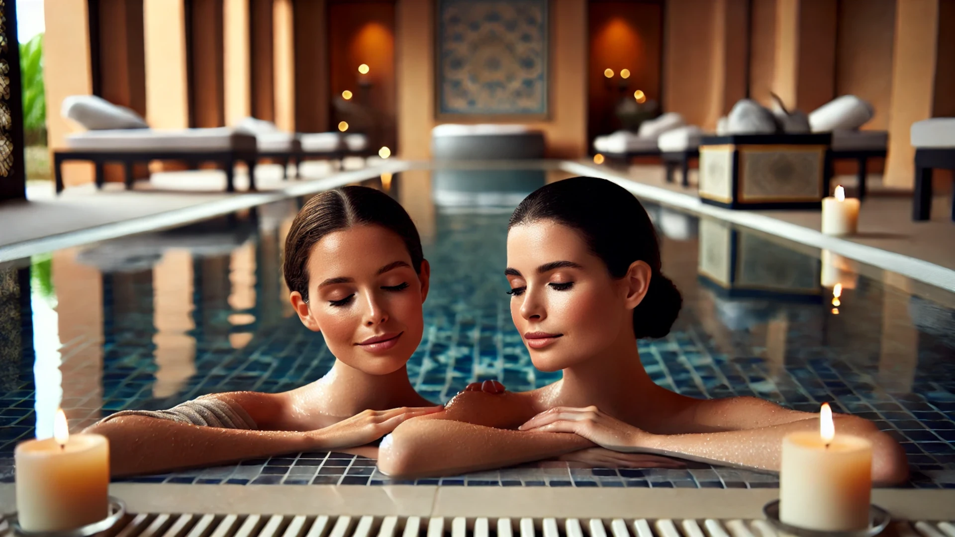 Lucía y Lina, personajes de "Lágrimas Negras", compartiendo un momento de tranquilidad en un spa, relajadas en una piscina climatizada tras un día difícil, conectando y reflexionando sobre sus vidas.